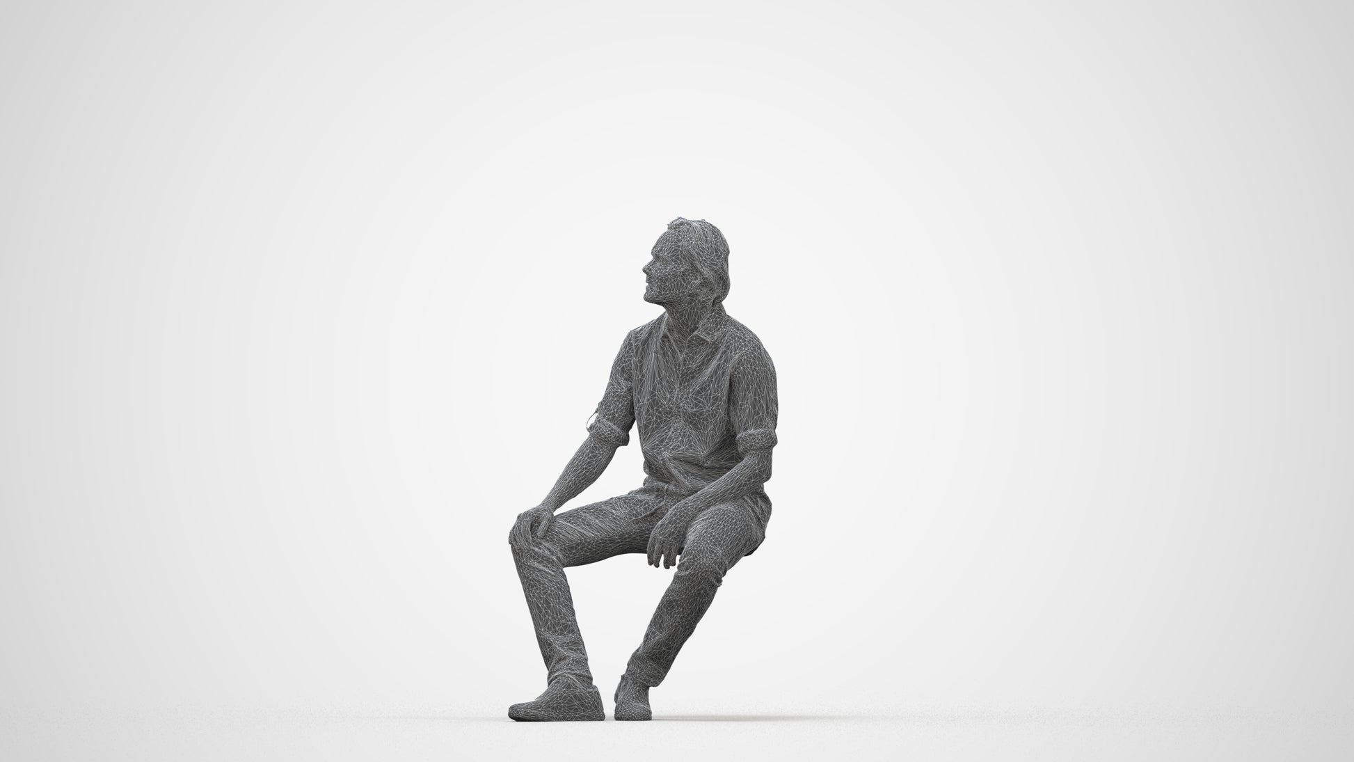 3D scanned man sitting casual, photorealistic archviz people for Enscape and SketchUp, wireframe back view