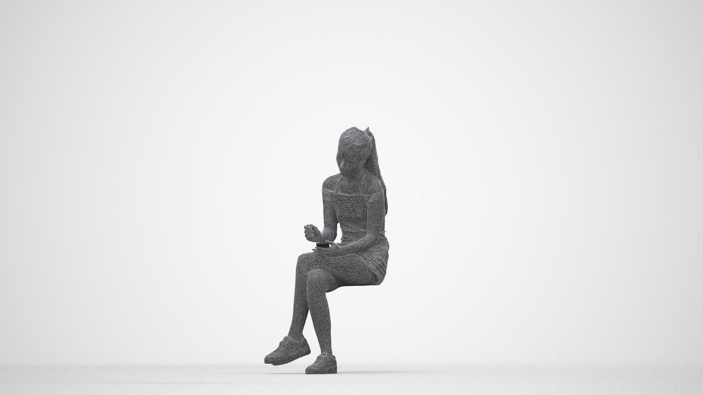 realistic 3D people woman casual sitting, render-ready for V-Ray and Corona, FBX OBJ, wireframe back view