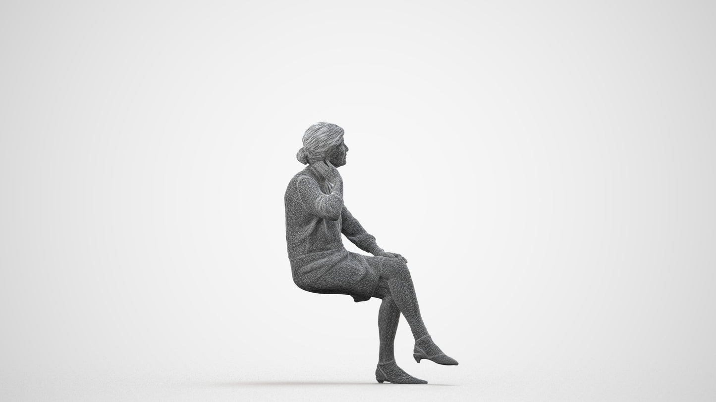 3D scanned senior woman formal casual, photorealistic archviz people for Enscape and SketchUp, wireframe side view