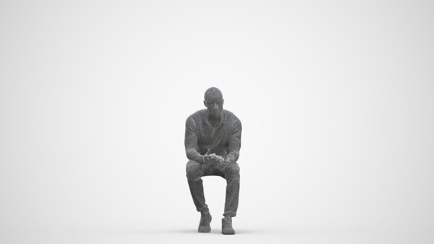 photogrammetry 3D man casual sitting, realistic human model archviz FBX, three-quarter front view render