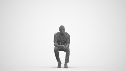 photogrammetry 3D man casual sitting, realistic human model archviz FBX, three-quarter front view render