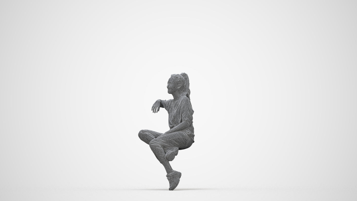 scanned 3D woman casual sitting, photogrammetry people for Enscape and V-Ray, wireframe back view
