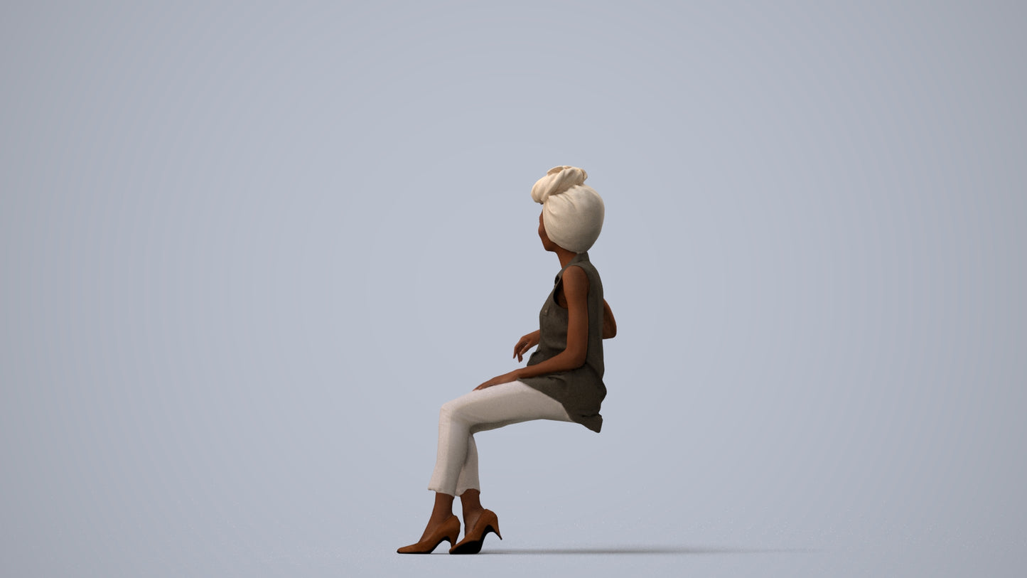 3D people model woman casual sitting, scanned human for 3ds Max rendering, three-quarter view render