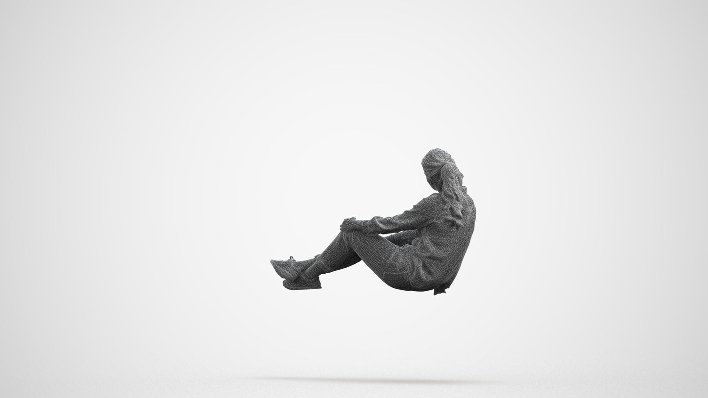 realistic 3D woman casual sitting, scanned archviz people for Blender and 3ds Max, wireframe front view