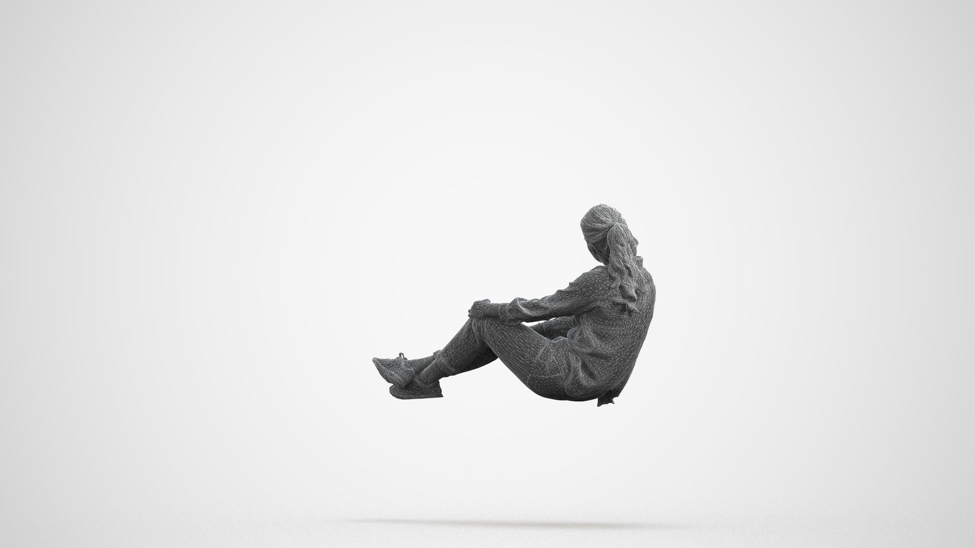 realistic 3D woman casual sitting, scanned archviz people for Blender and 3ds Max, wireframe front view