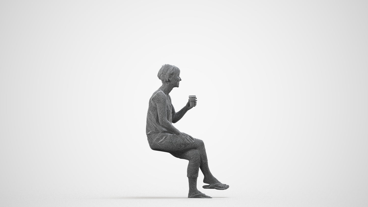 3D human model senior woman sitting, photogrammetry scanned person for archviz, wireframe side view