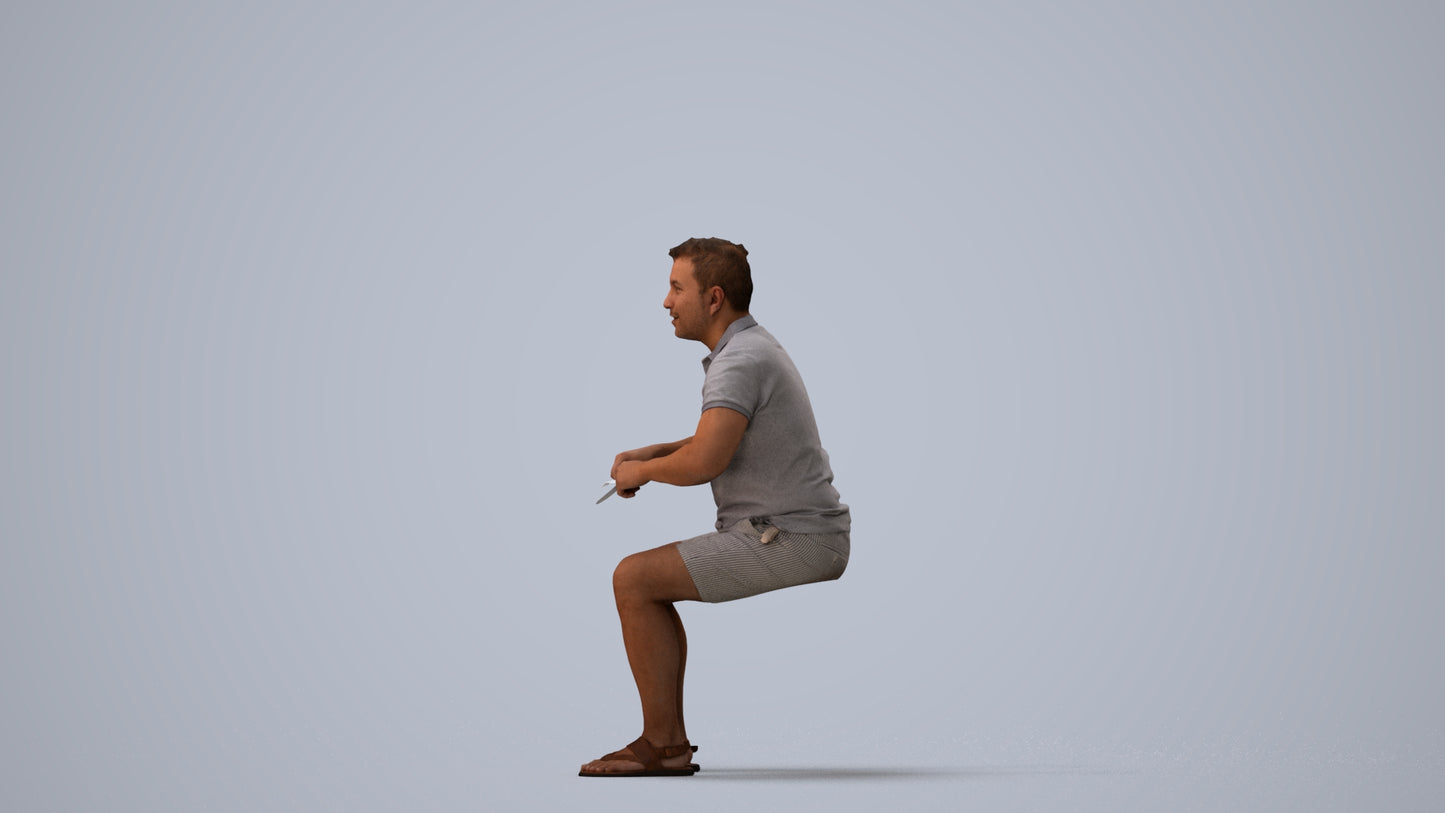 3D scanned man sitting casual, photorealistic archviz people for Enscape and SketchUp, three-quarter view render