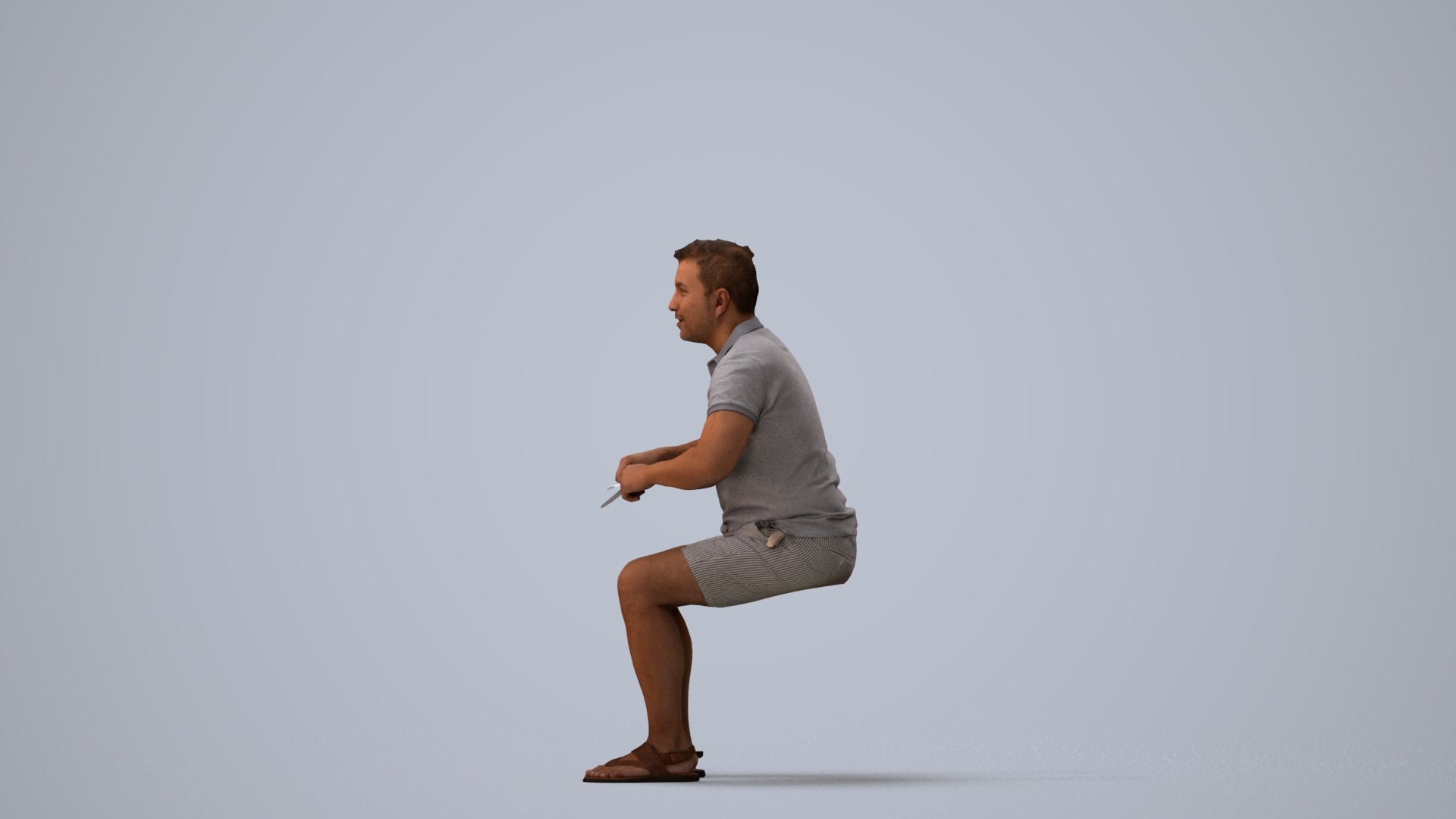 3D scanned man sitting casual, photorealistic archviz people for Enscape and SketchUp, three-quarter view render