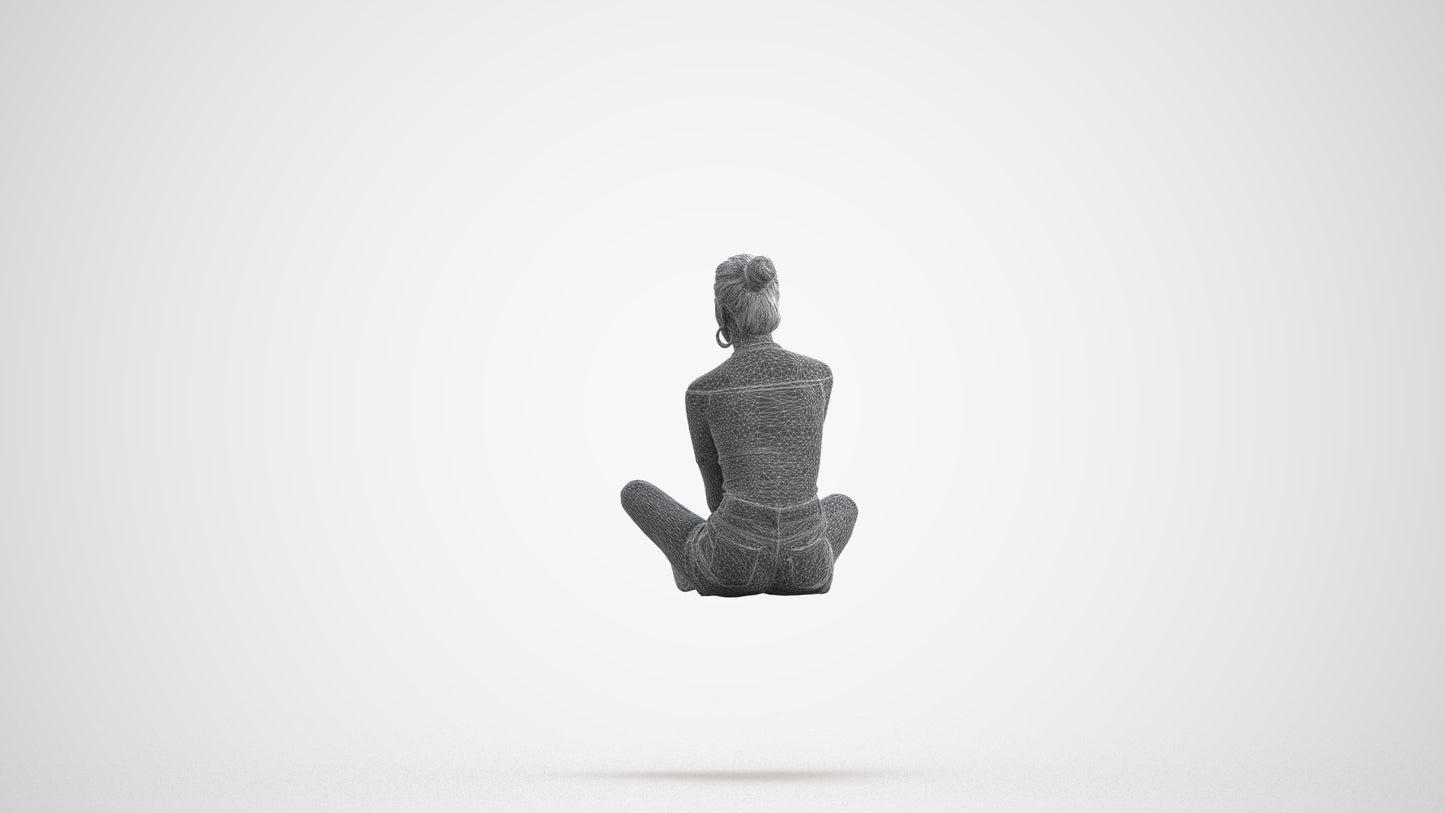 scanned 3D woman casual sitting, photogrammetry people for Enscape and V-Ray, wireframe front view