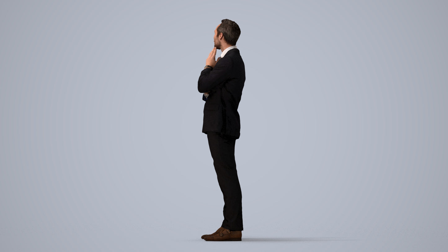3D human model man formal business, photogrammetry scanned person for archviz, three-quarter view render