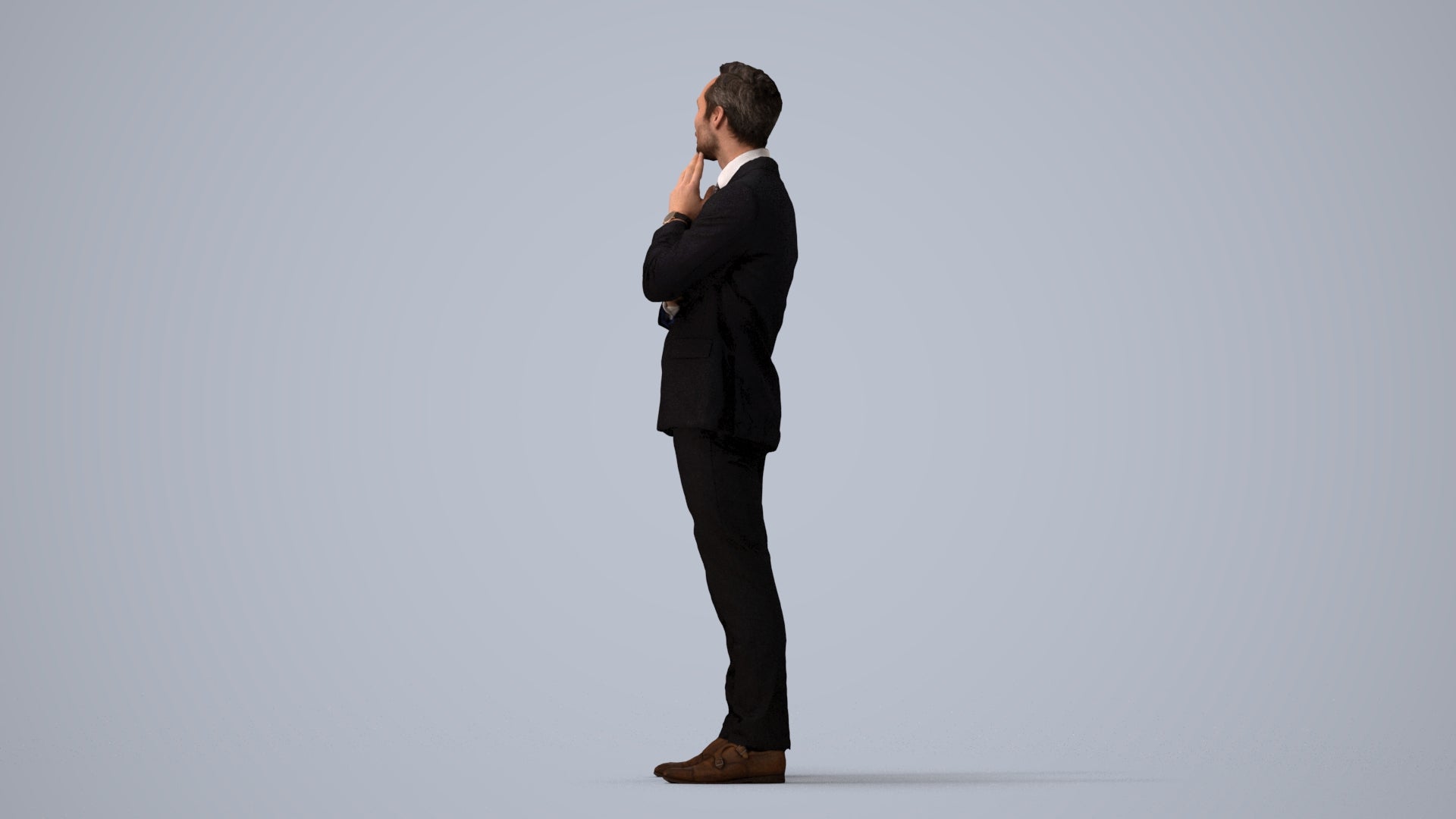 3D human model man formal business, photogrammetry scanned person for archviz, three-quarter view render