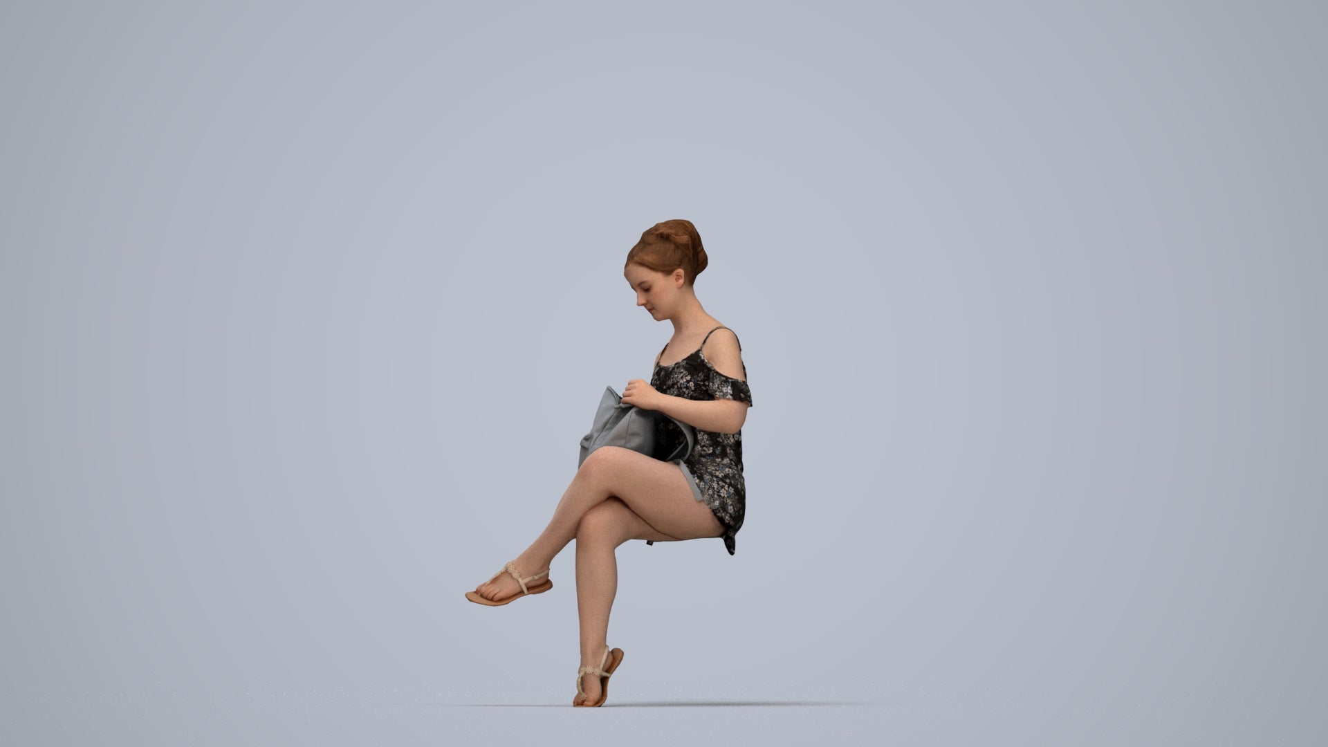 realistic 3D girl casual kids, scanned archviz people for Blender and 3ds Max, top-down view render
