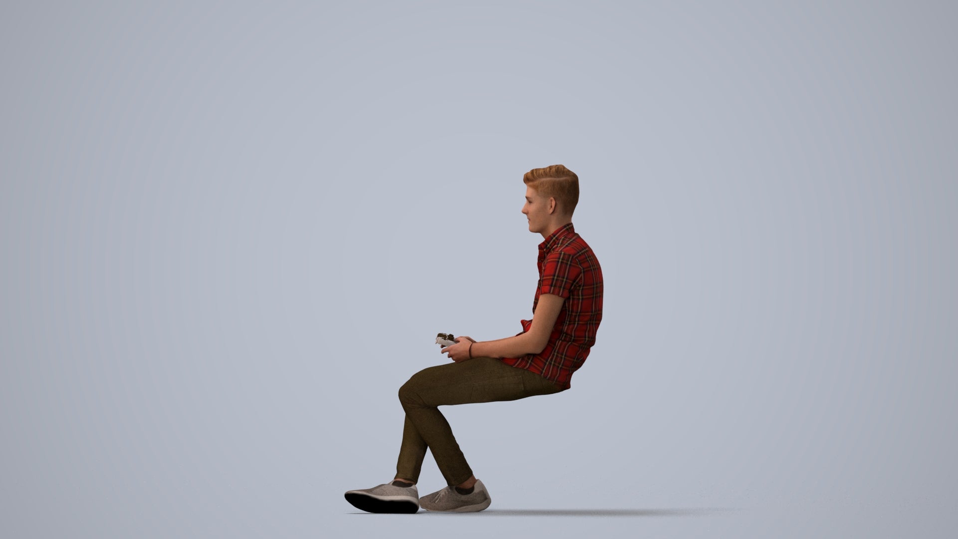 realistic 3D human man casual sitting, archviz people FBX OBJ for Blender, three-quarter view render