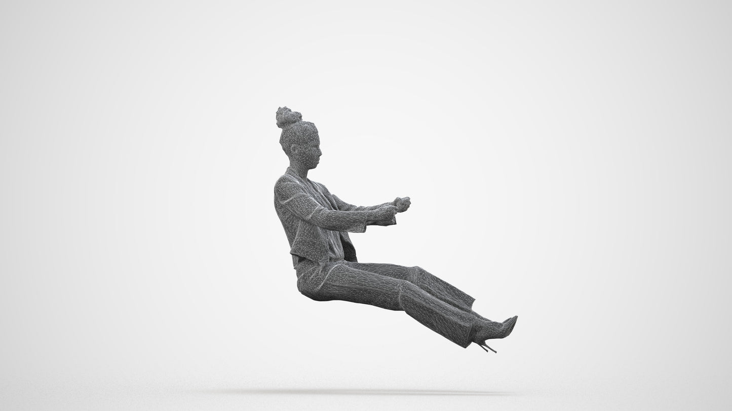 3D human model woman business driving, photogrammetry scanned person for archviz, wireframe side view
