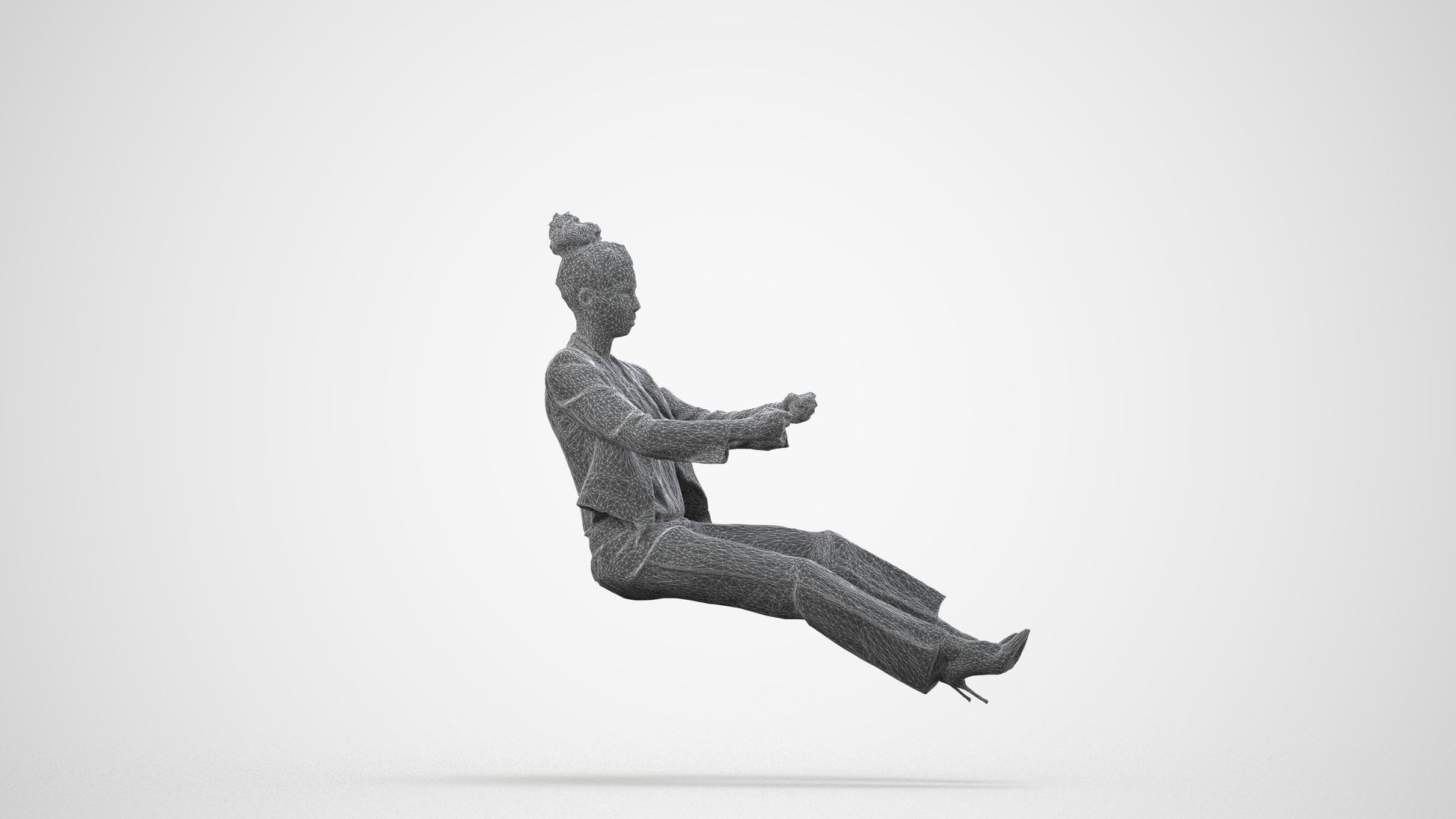 3D human model woman business driving, photogrammetry scanned person for archviz, wireframe side view
