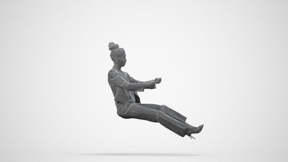 3D human model woman business driving, photogrammetry scanned person for archviz, wireframe side view