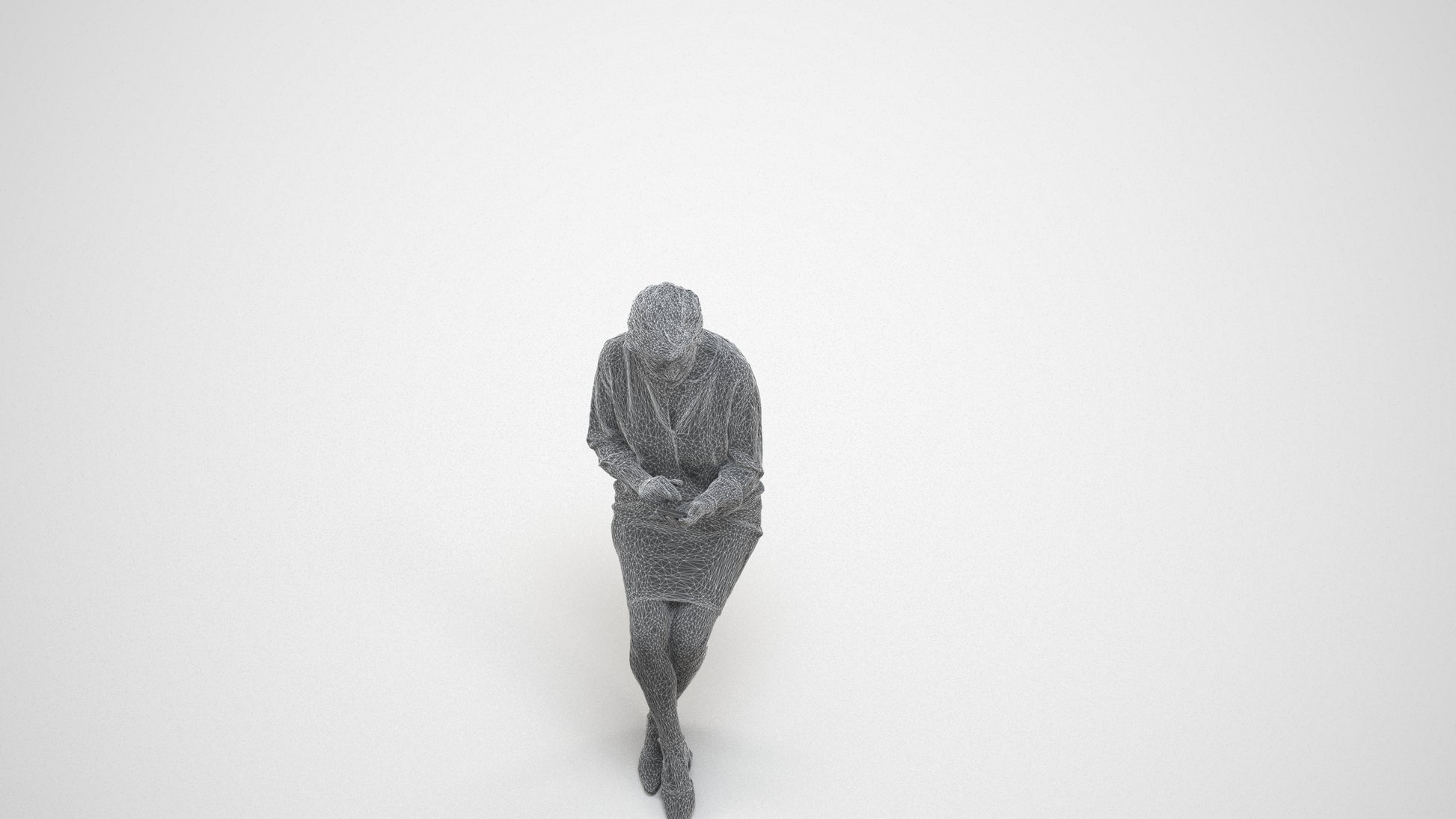 scanned 3D senior woman business sitting, photogrammetry people for Enscape and V-Ray, wireframe three-quarter view