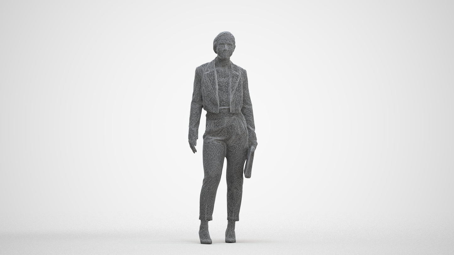 3D human model woman business, photogrammetry scanned person for archviz, three-quarter front view render