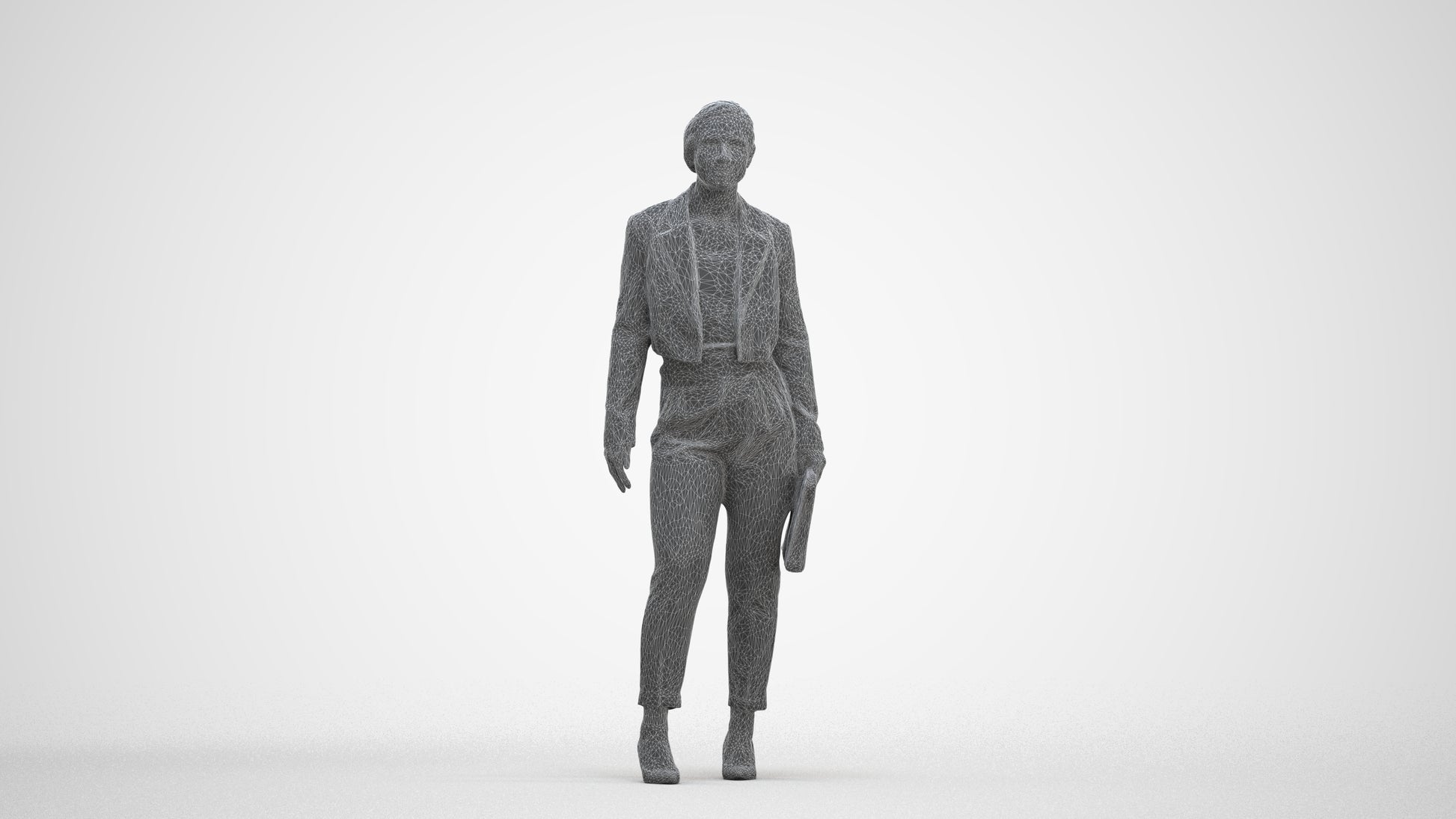 3D human model woman business, photogrammetry scanned person for archviz, three-quarter front view render