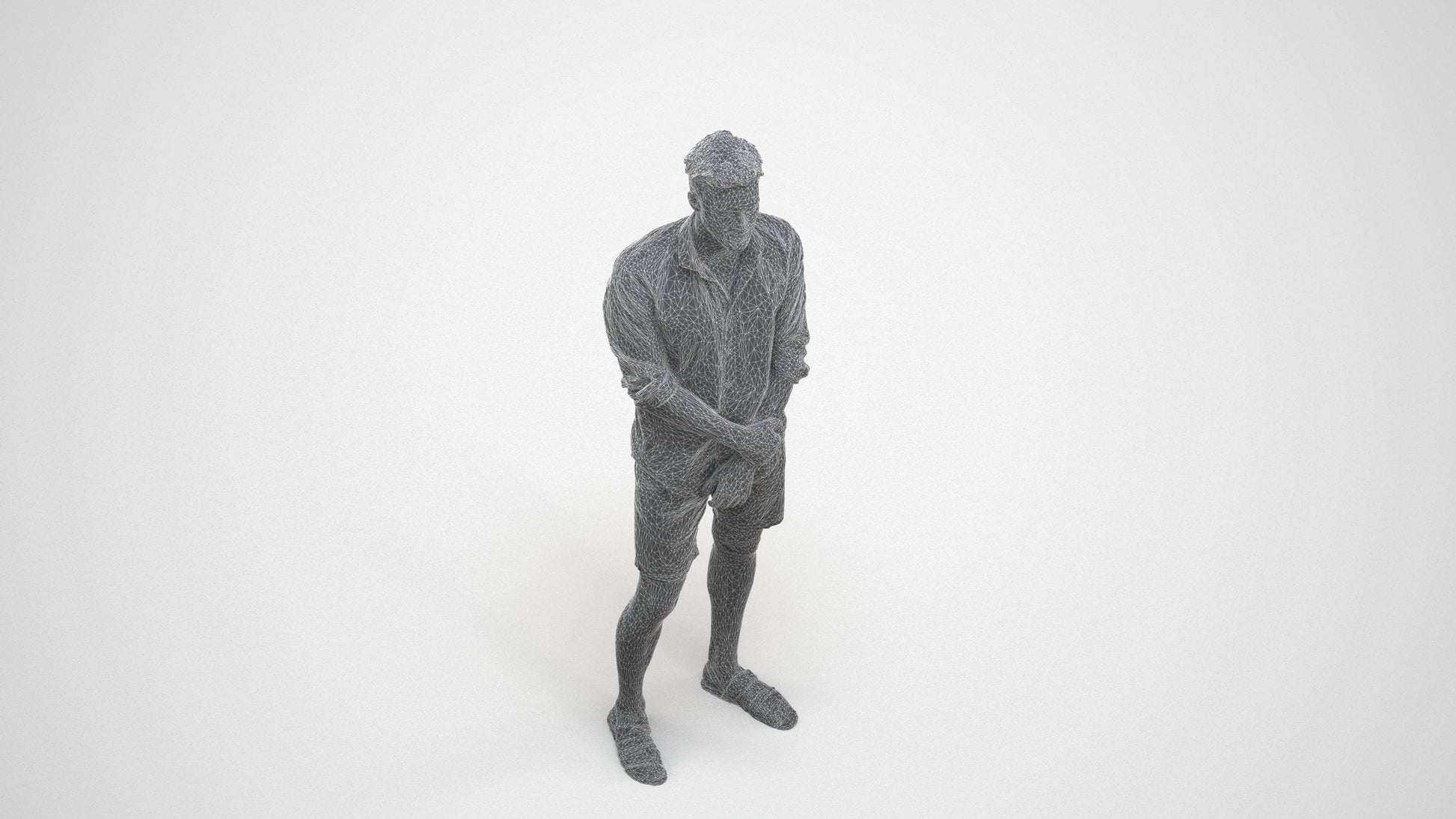 3D scanned man standing casual, photorealistic archviz people for Enscape and SketchUp, wireframe three-quarter view