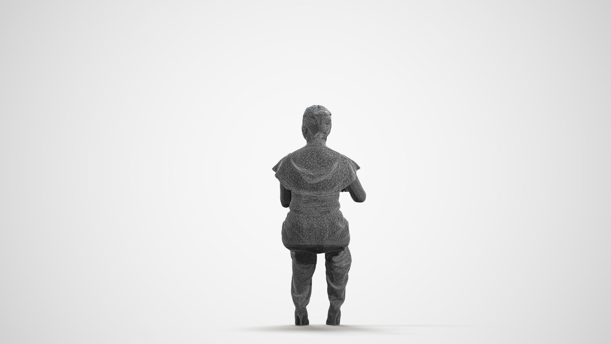 3D scanned woman sitting casual, photorealistic archviz people for Enscape and SketchUp, wireframe front view