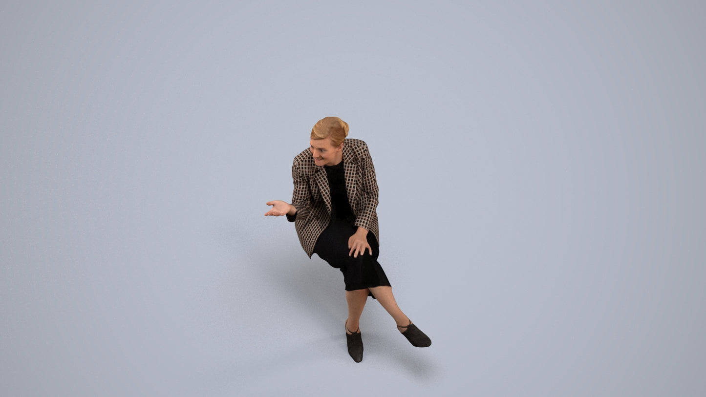 3D human model woman business sitting, photogrammetry scanned person for archviz, back view render