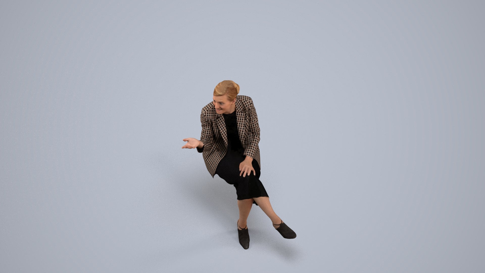 3D human model woman business sitting, photogrammetry scanned person for archviz, back view render