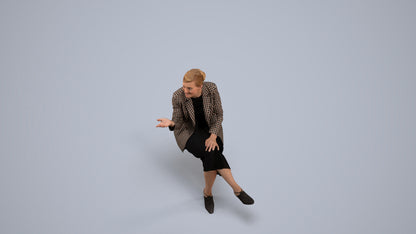 3D human model woman business sitting, photogrammetry scanned person for archviz, back view render