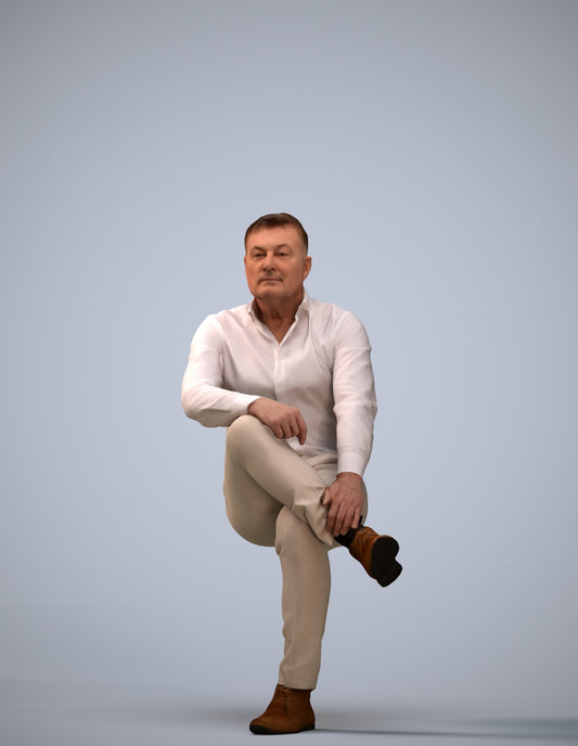 3D human model man casual sitting, photogrammetry scanned person for archviz