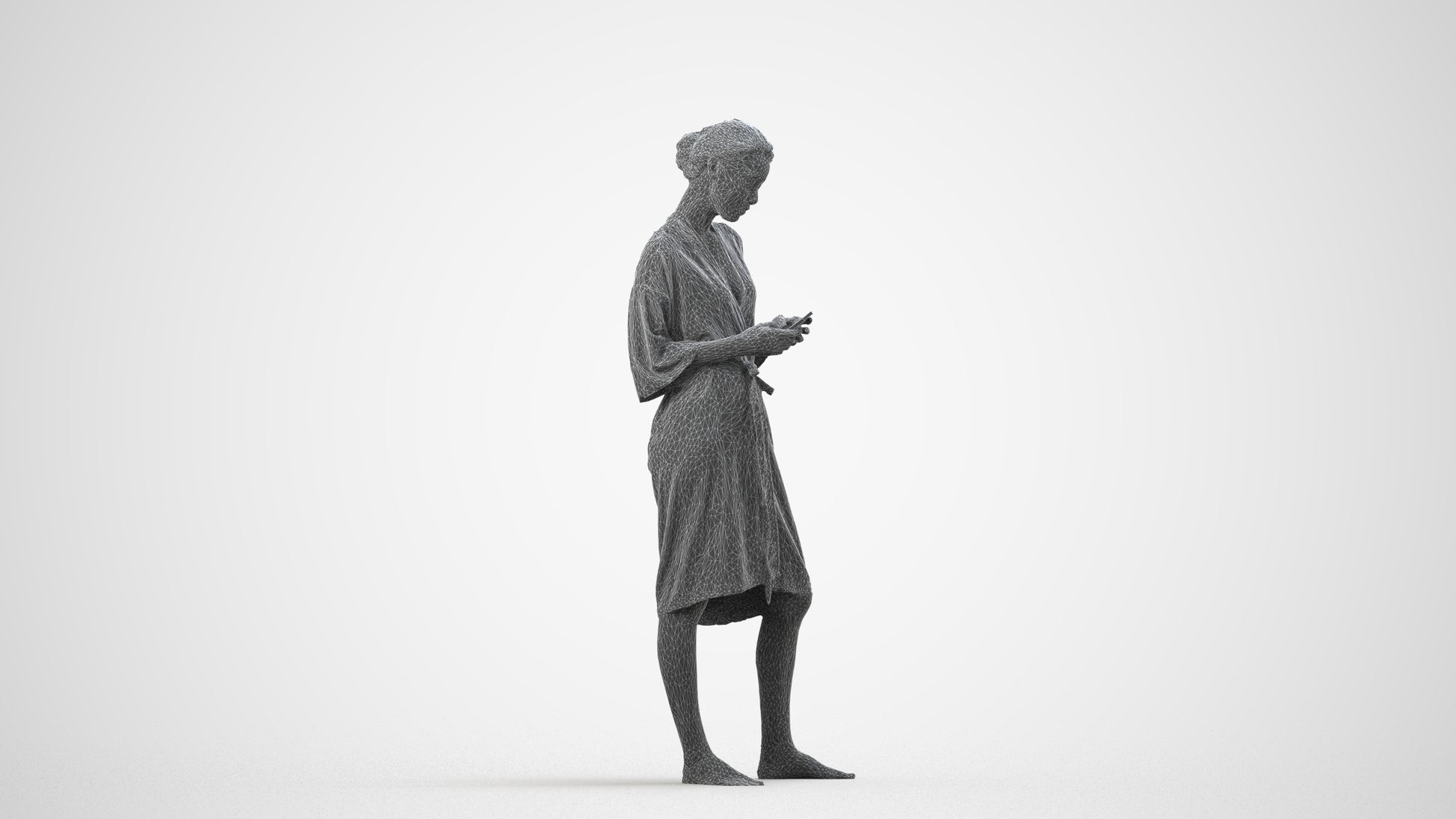 realistic 3D woman casual bathroom, scanned archviz people for Blender and 3ds Max, wireframe side view