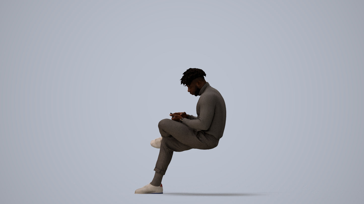 realistic 3D human man casual sitting, archviz people FBX OBJ for Blender, three-quarter view render