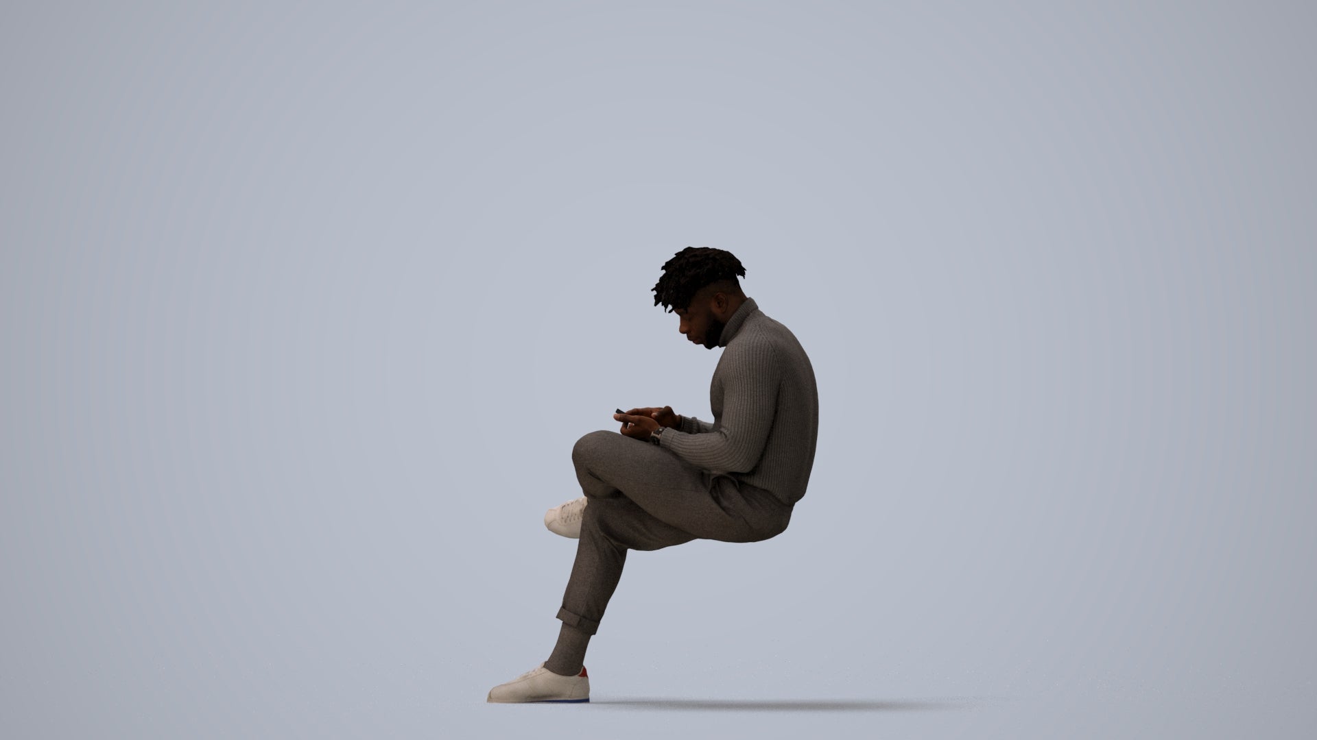 realistic 3D human man casual sitting, archviz people FBX OBJ for Blender, three-quarter view render