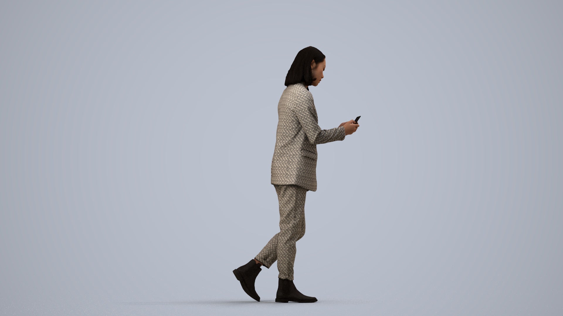 photogrammetry 3D woman business standing, realistic human model archviz FBX, side view render