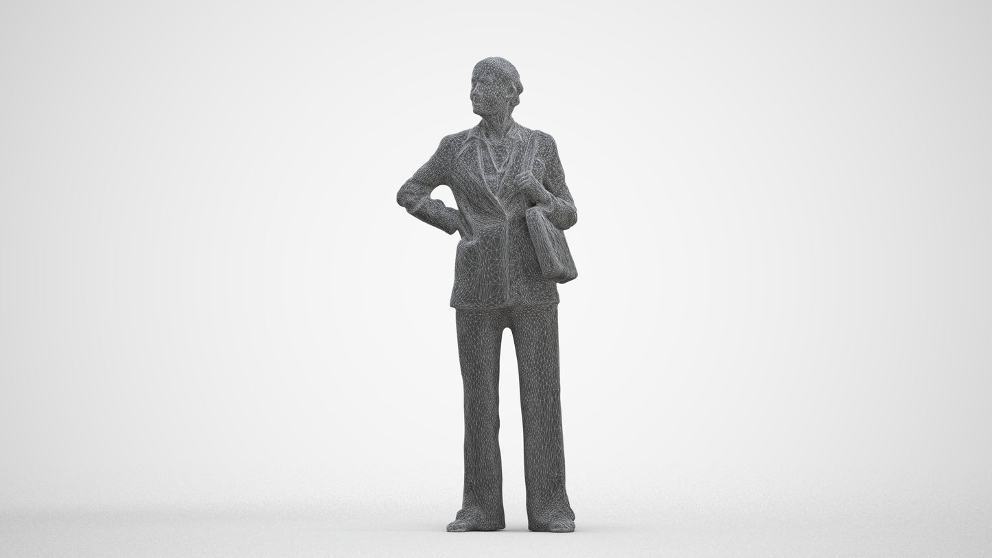 3D human model senior woman business, photogrammetry scanned person for archviz, three-quarter front view render