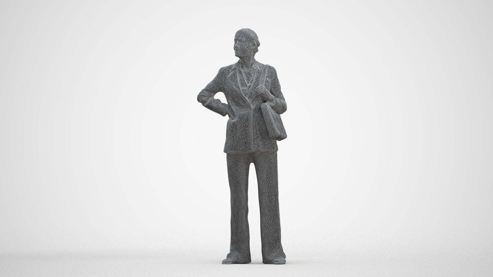 3D human model senior woman business, photogrammetry scanned person for archviz, three-quarter front view render