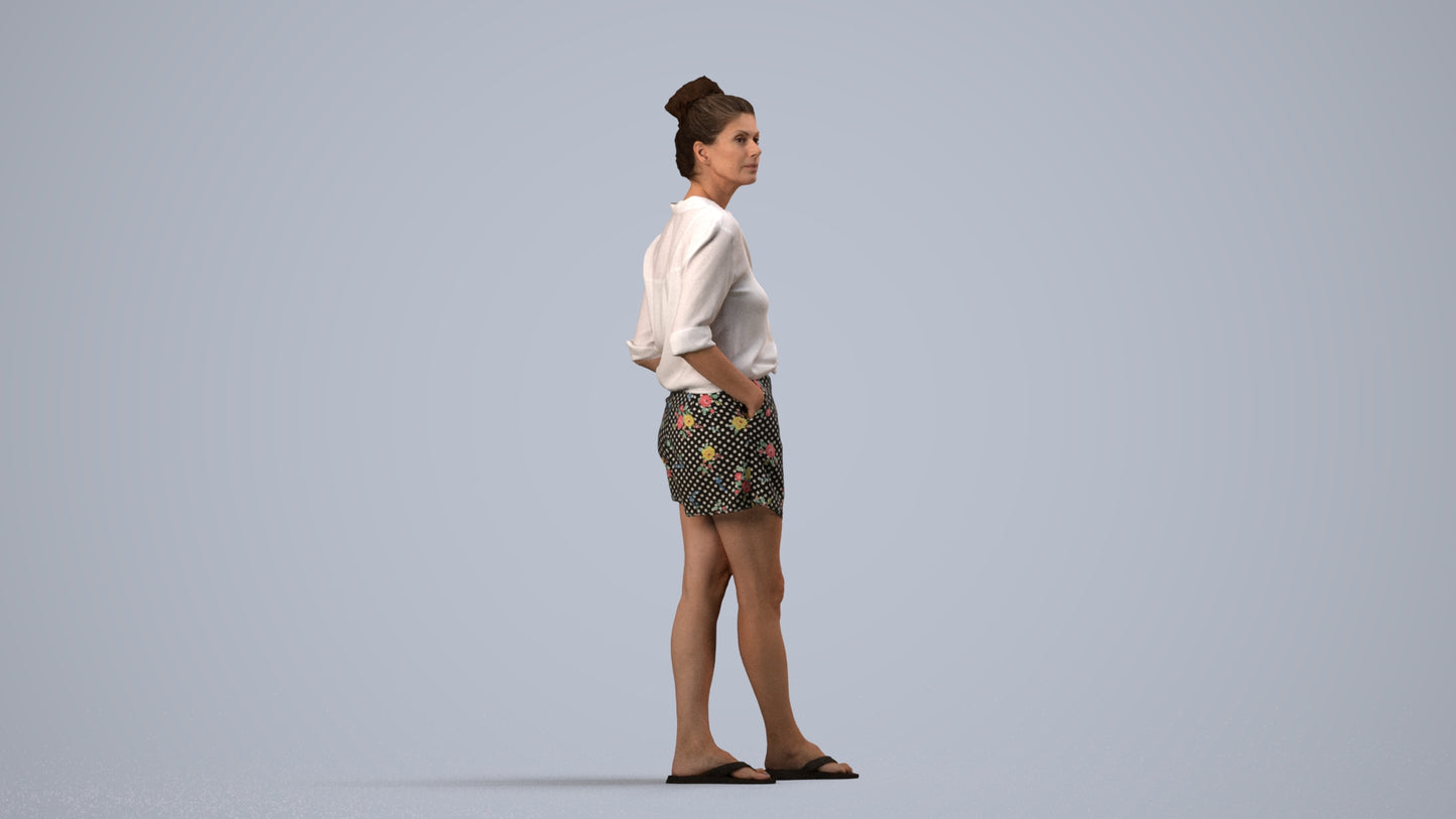 realistic 3D human woman casual standing, archviz people FBX OBJ for Blender, side view render