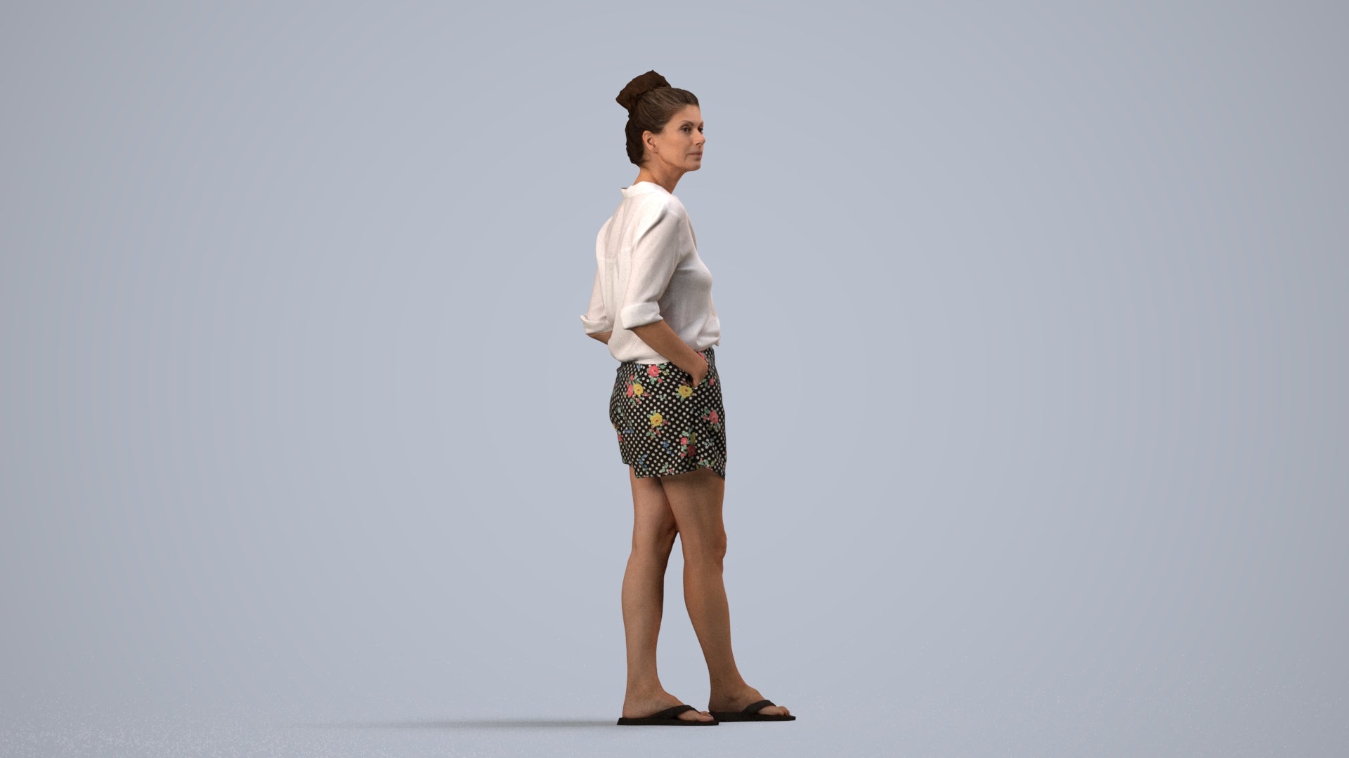 realistic 3D human woman casual standing, archviz people FBX OBJ for Blender, side view render