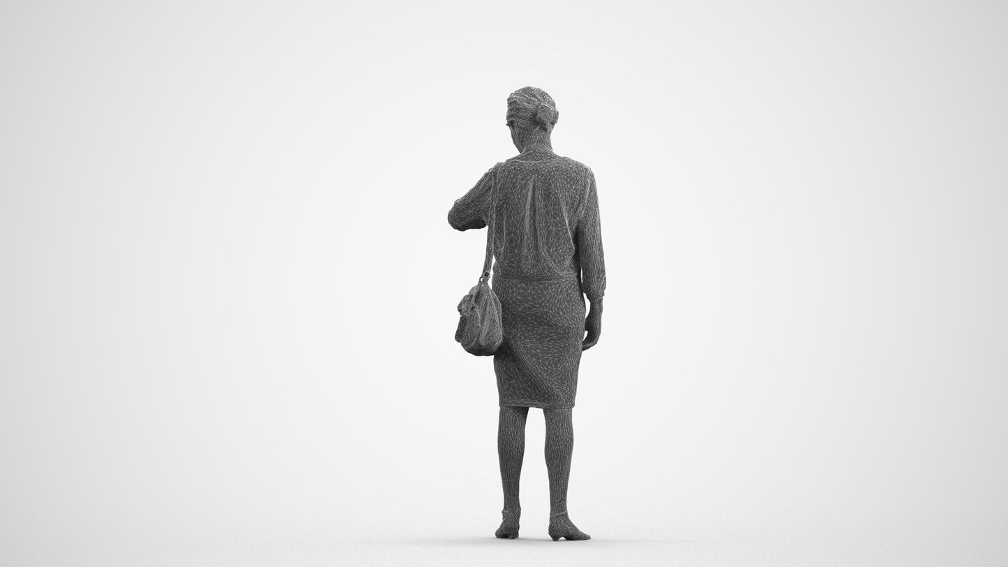 3D scanned senior woman standing business, photorealistic archviz people for Enscape and SketchUp, wireframe front view
