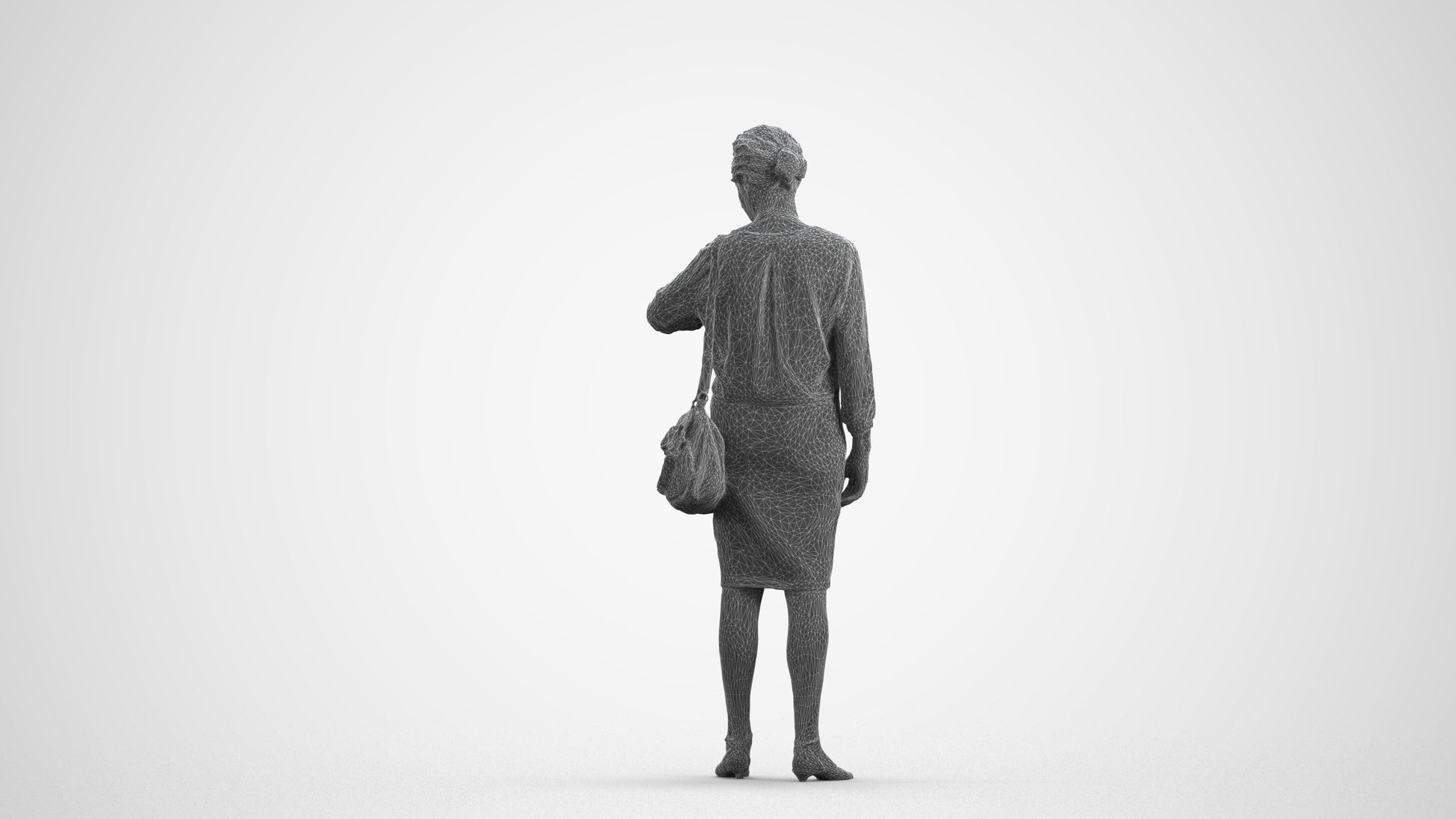 3D scanned senior woman standing business, photorealistic archviz people for Enscape and SketchUp, wireframe front view