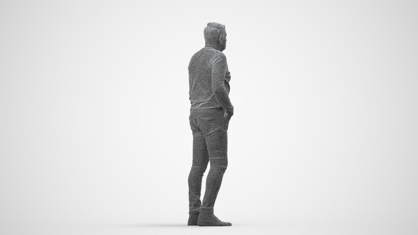 3D human model man casual standing, photogrammetry scanned person for archviz, wireframe side view