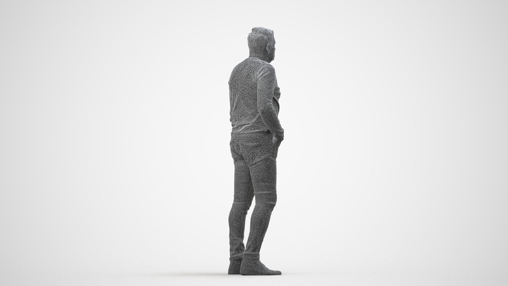 3D human model man casual standing, photogrammetry scanned person for archviz, wireframe side view