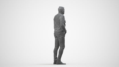 3D human model man casual standing, photogrammetry scanned person for archviz, wireframe side view