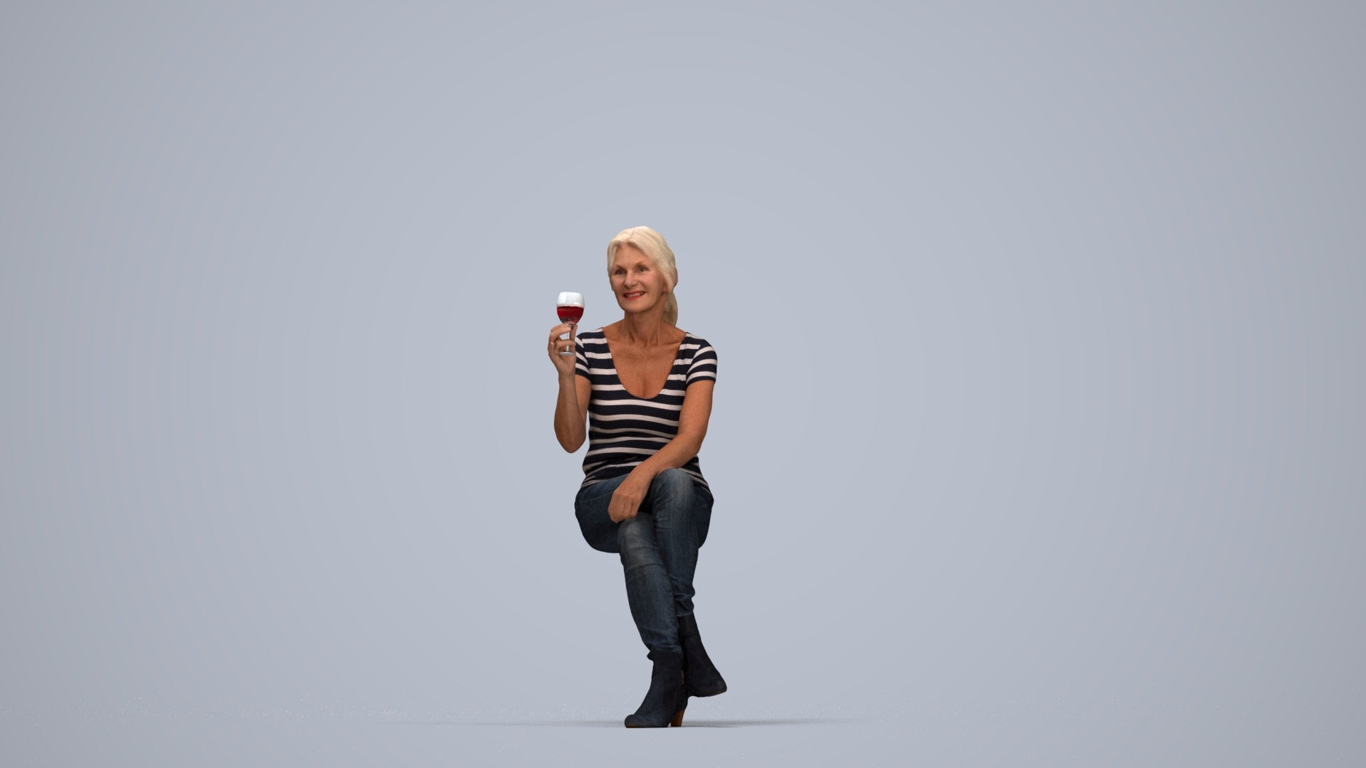 realistic 3D people senior woman casual sitting, render-ready for V-Ray and Corona, FBX OBJ, top-down view render