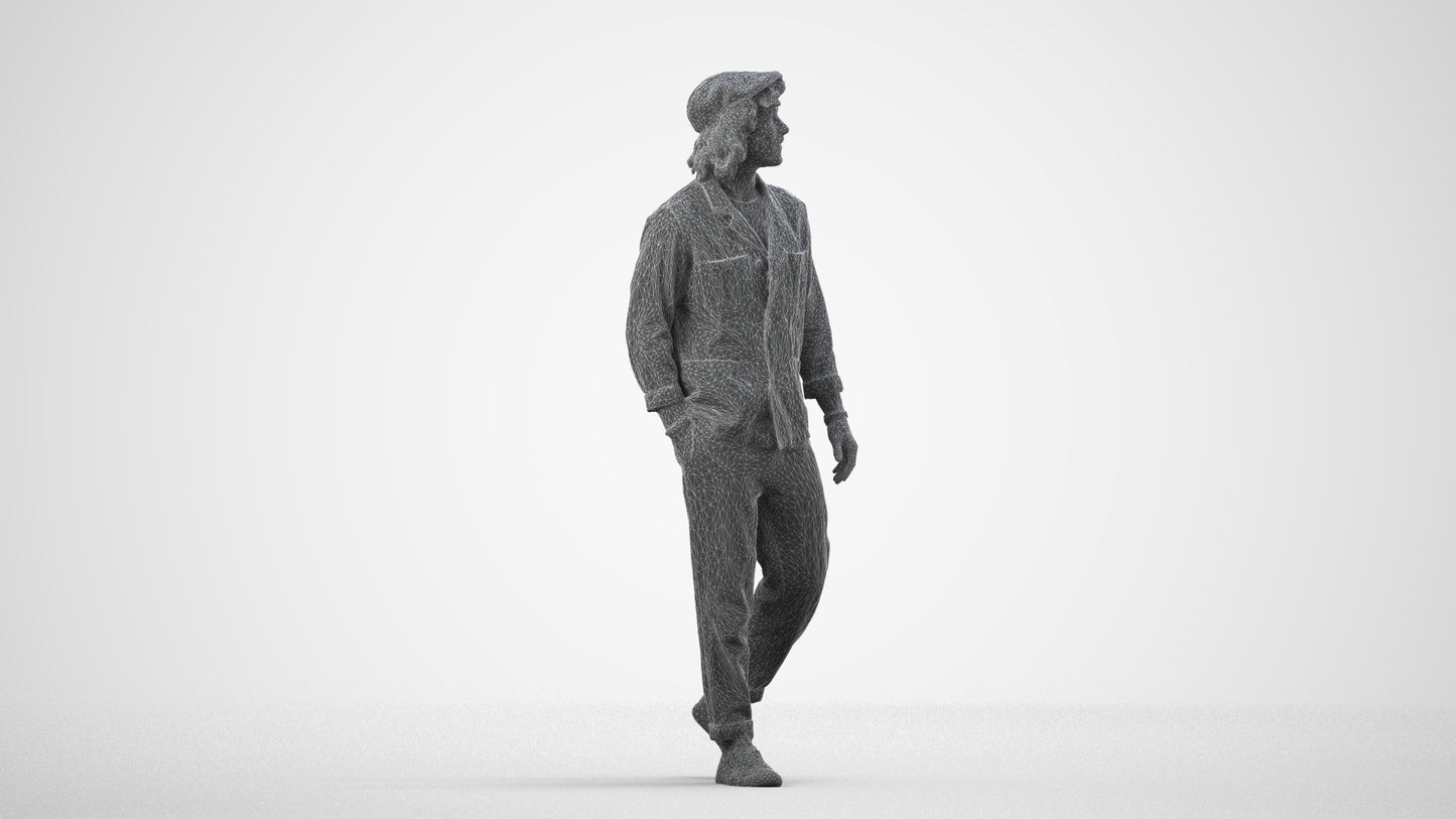 3D human model man casual walking, photogrammetry scanned person for archviz, wireframe side view