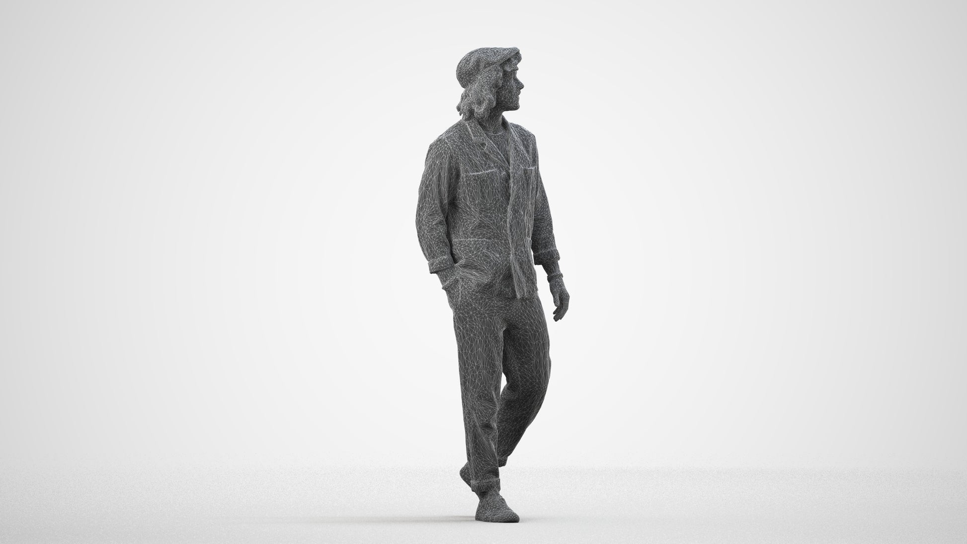 3D human model man casual walking, photogrammetry scanned person for archviz, wireframe side view