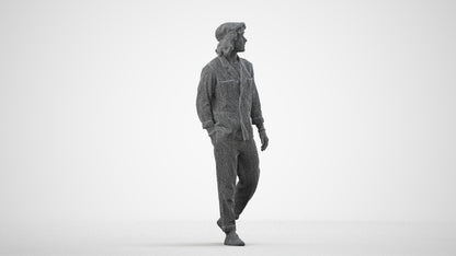 3D human model man casual walking, photogrammetry scanned person for archviz, wireframe side view