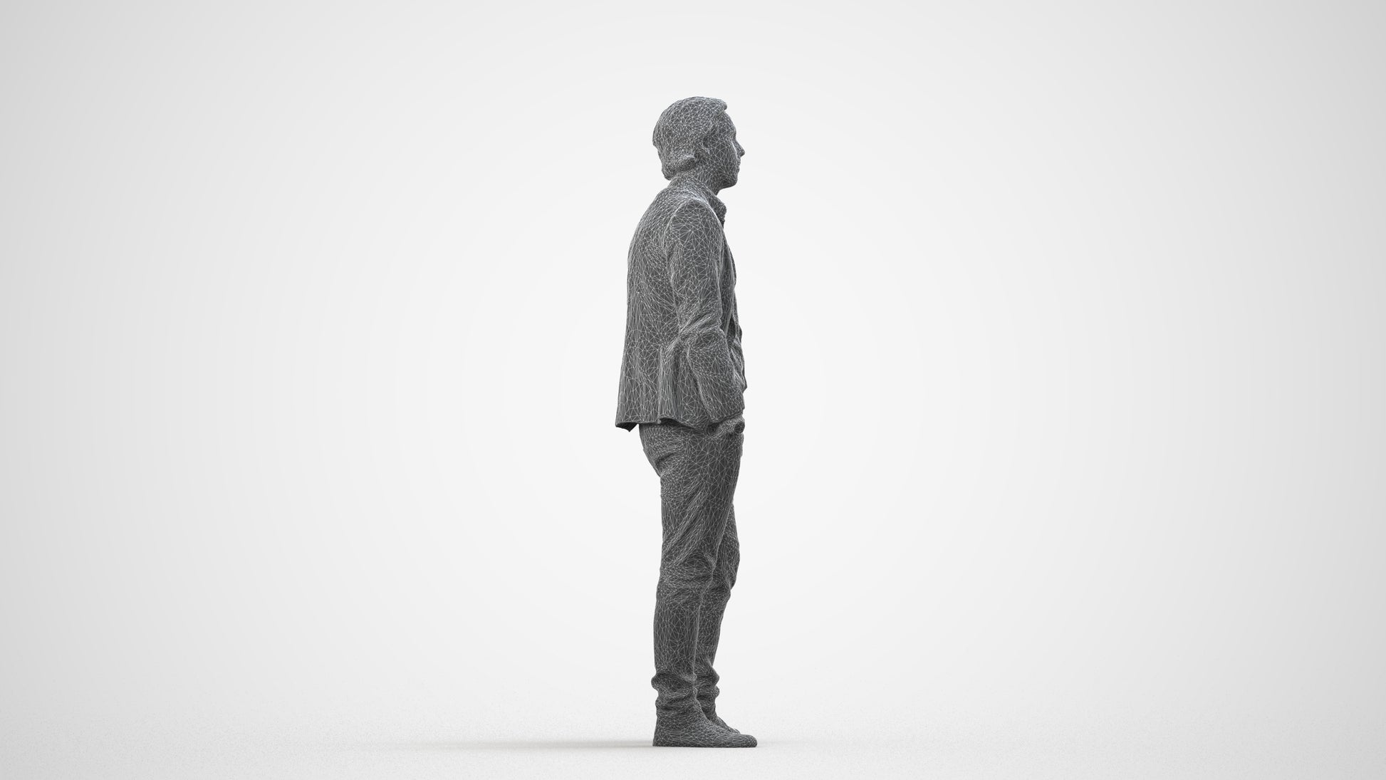 3D human model man business standing, photogrammetry scanned person for archviz, wireframe side view