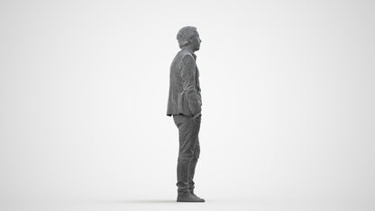 3D human model man business standing, photogrammetry scanned person for archviz, wireframe side view