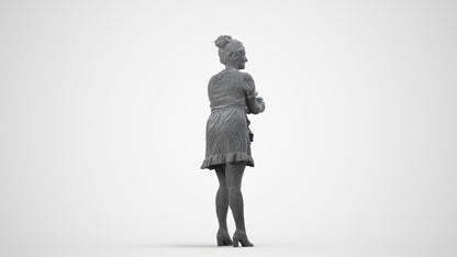 3D human model woman casual standing, photogrammetry scanned person for archviz, wireframe side view