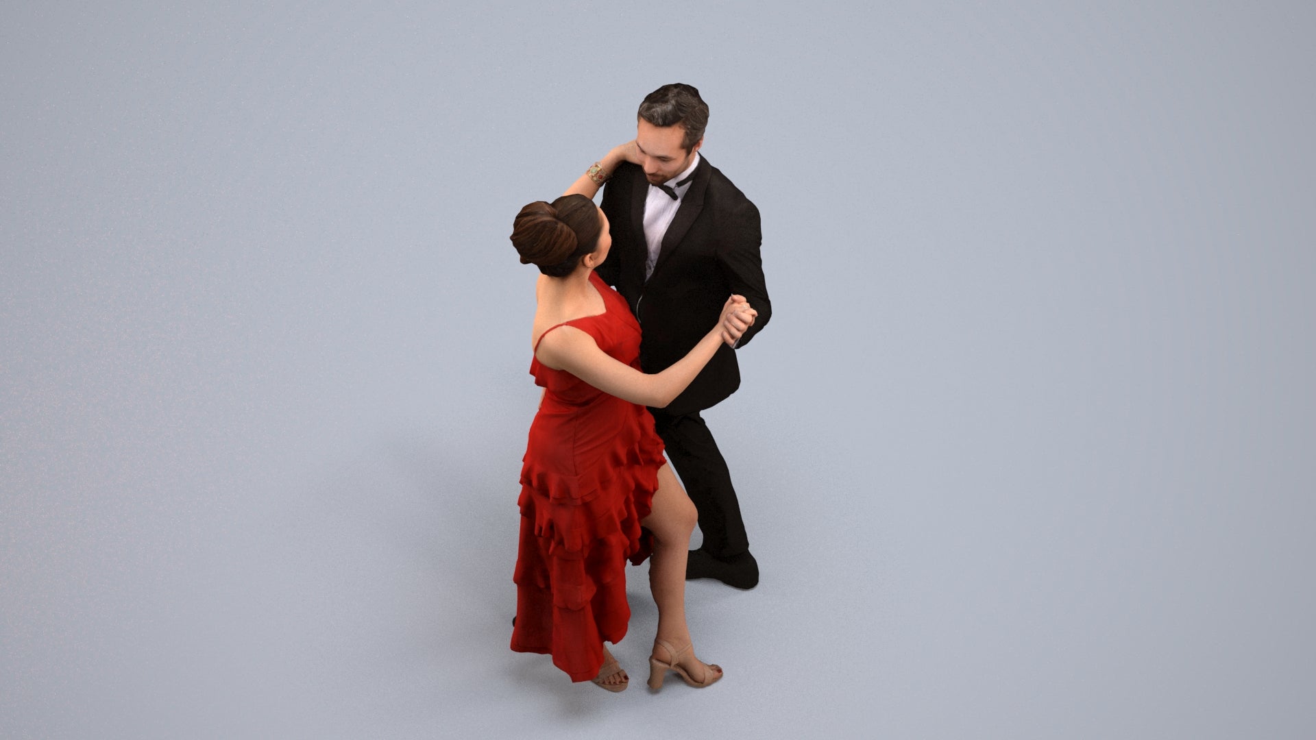 3D human model woman formal dancing, photogrammetry scanned person for archviz, back view render